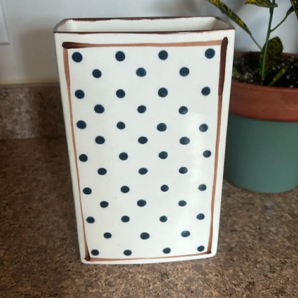 Dorothy Hafner for Tiffany & co cream with blue polka dot and brown accents vase